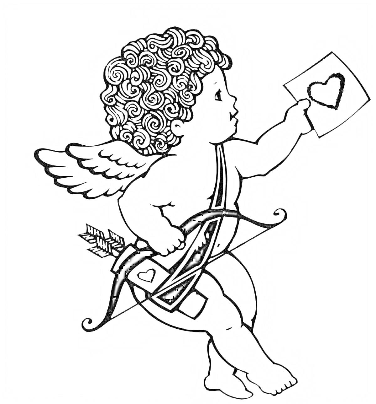 Раскраска Купидон с крыльями, письмом с сердцем, луком и стрелой