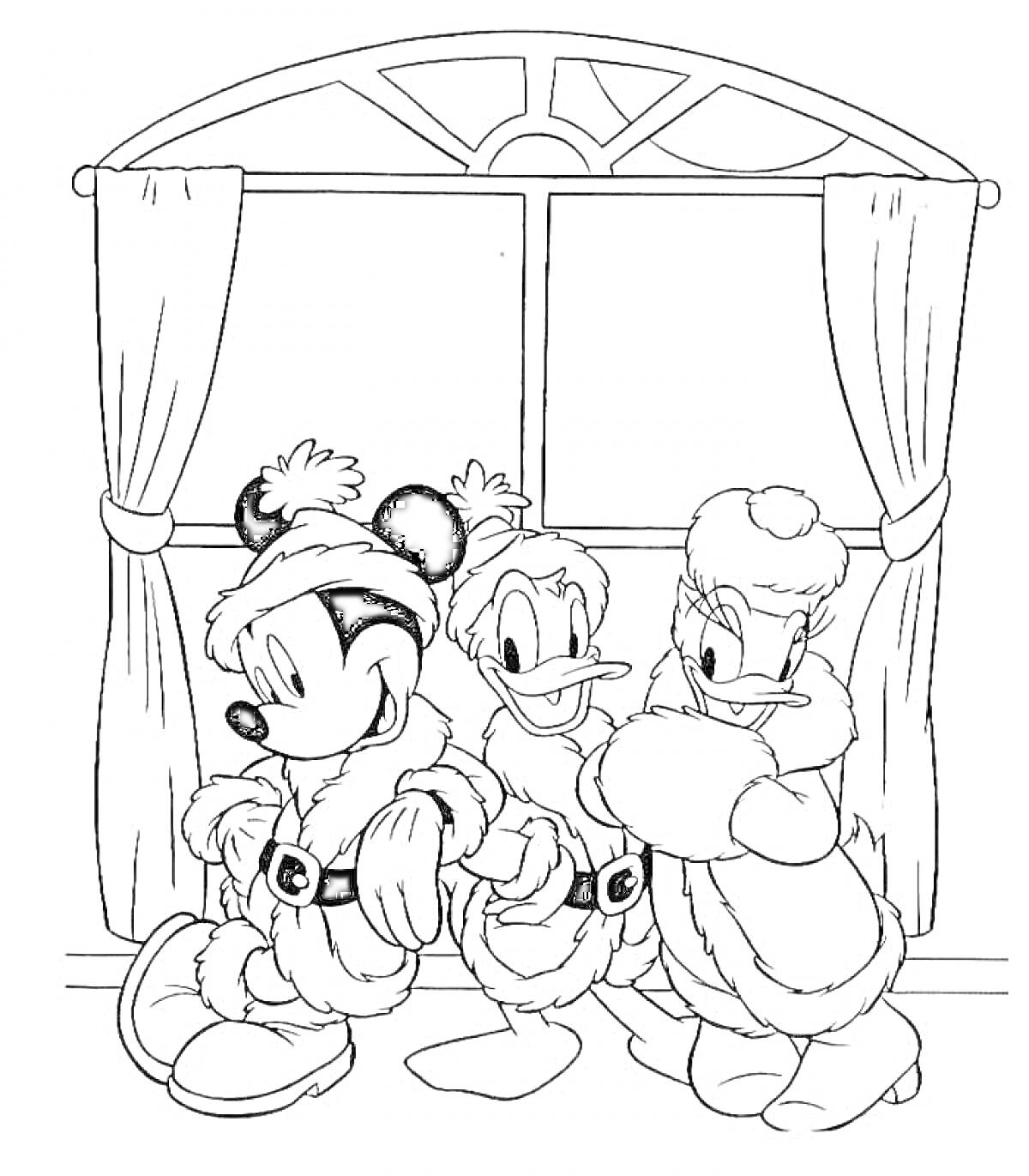 Раскраска Микки Маус, Дональд Дак и Дейзи Дак на Новый год у окна
