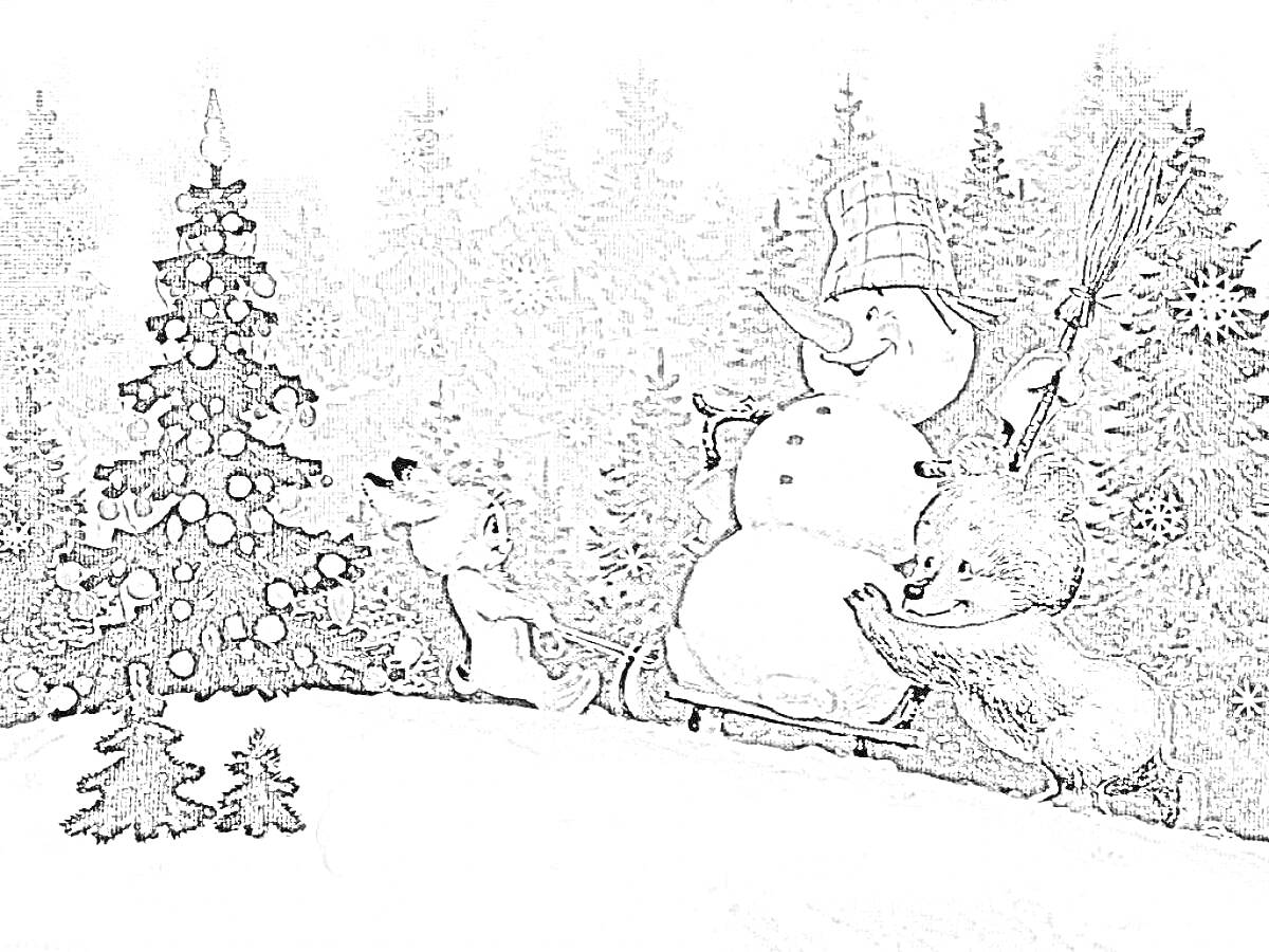 Раскраска Снеговик с ведром на голове и метлой, стоящий рядом с елью, на фоне заснеженного леса.