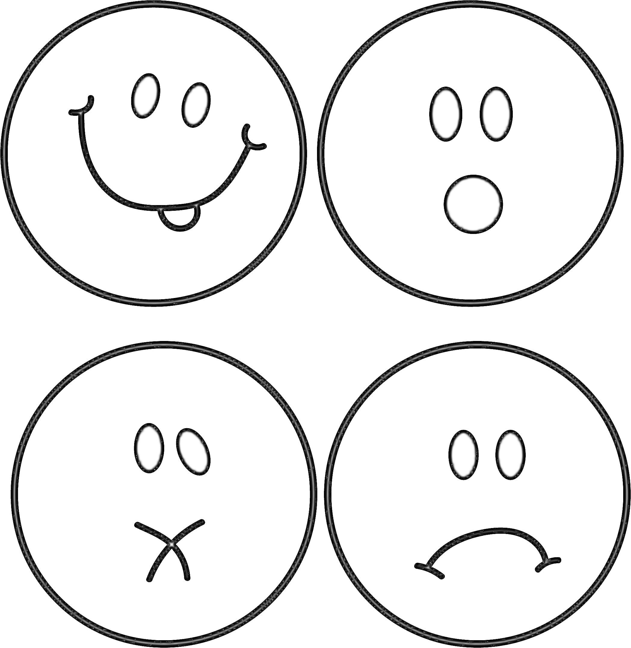 Раскраска Четыре смайлика с разными выражениями лиц: весёлый смайлик с высунутым языком, удивленный смайлик, хмурый смайлик с закрытым ртом, печальный смайлик.
