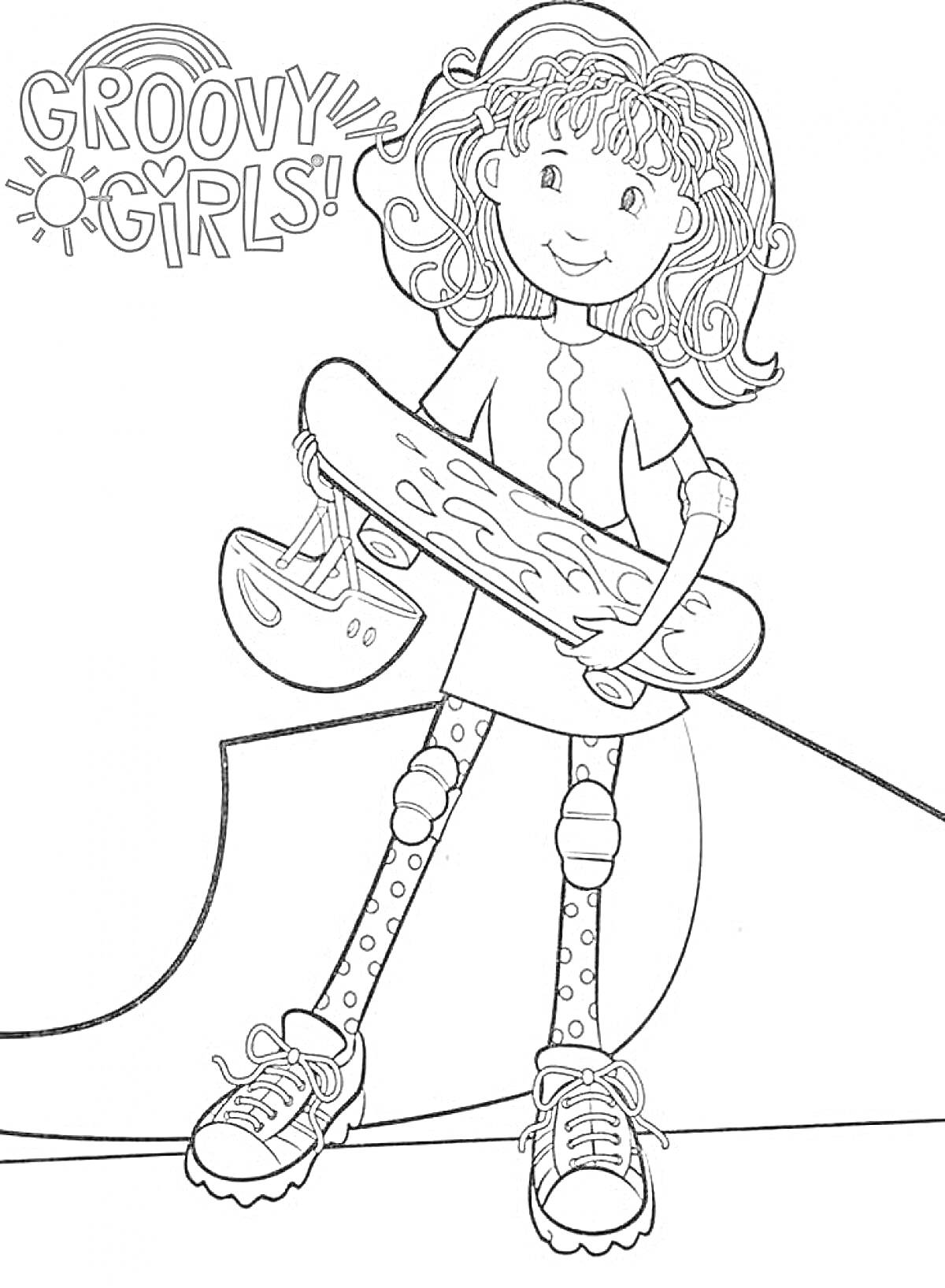 Раскраска Девочка с кудрявыми волосами на скейтборде и надписью 