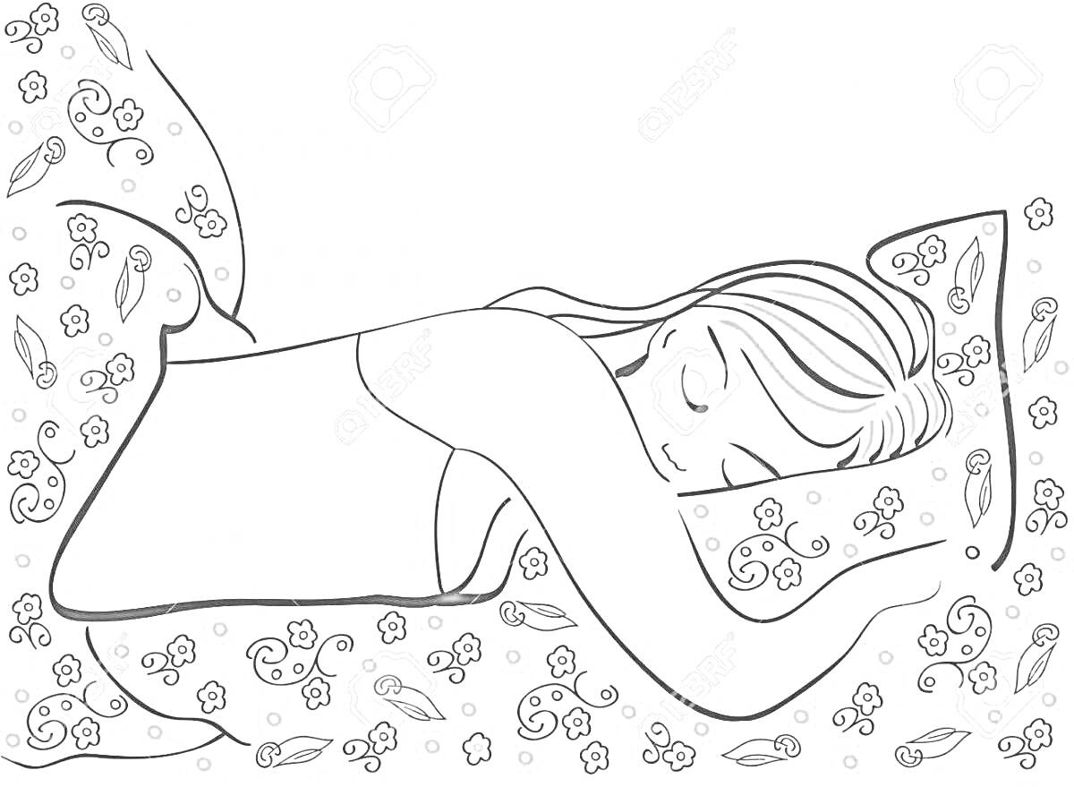 Раскраска Девочка спит в кровати, окруженная подушкой и одеялом с узорами цветов и листьев