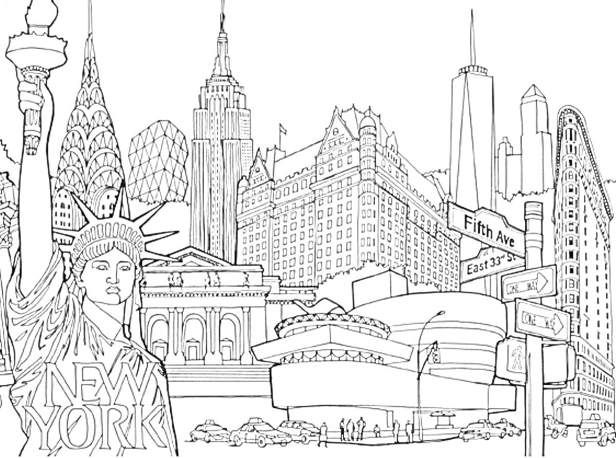 На раскраске изображено: Нью-Йорк, Статуя Свободы, Архитектура, Небоскрёбы, Здание, Улицы, Города, Авто