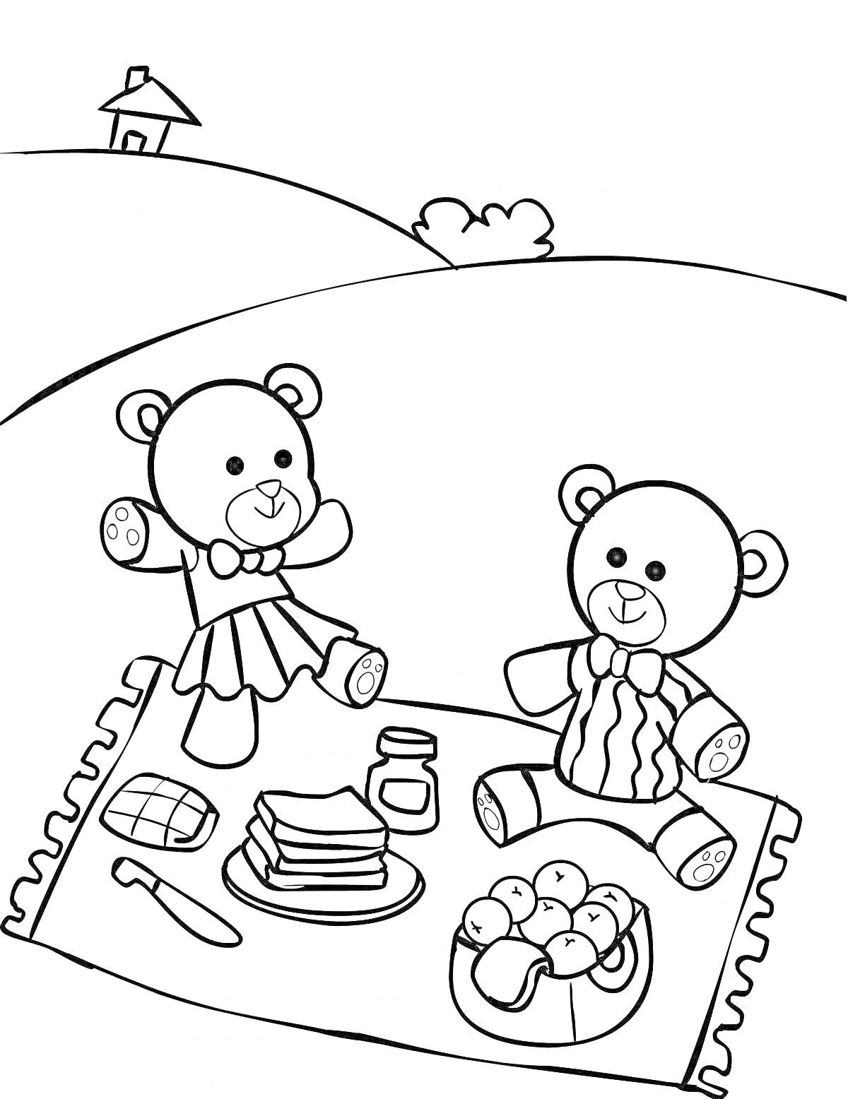 Раскраска Два медведя на пикнике с едой на покрывале, дом на холме