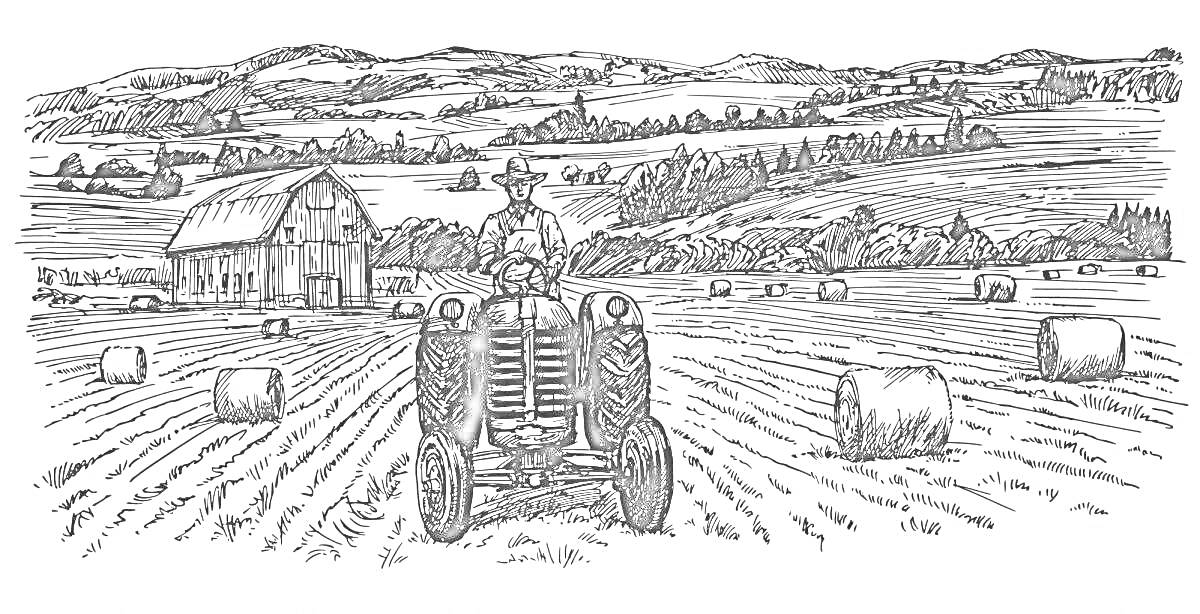 Раскраска Трактор на поле с тюками сена и амбаром на фоне гор