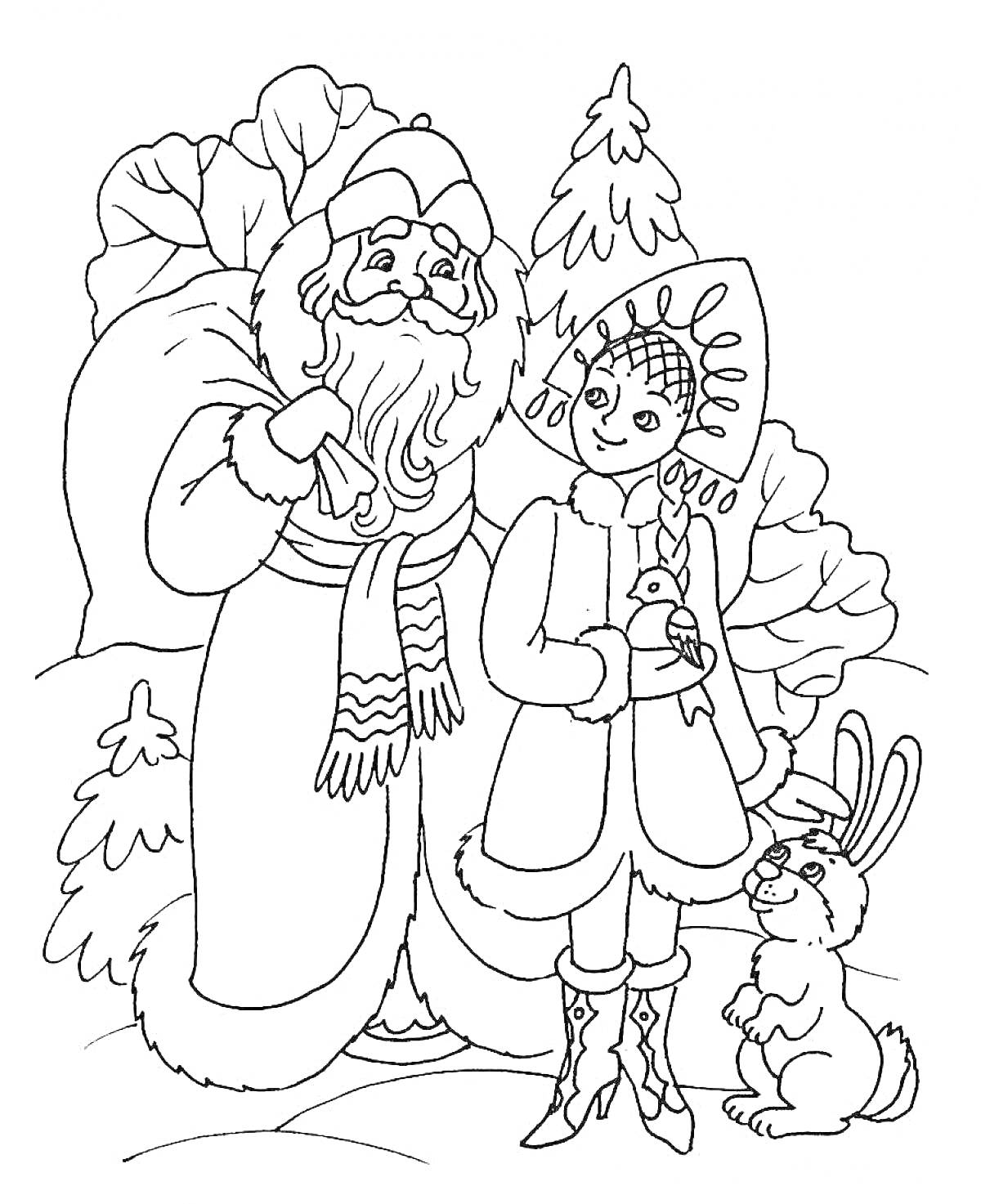 На раскраске изображено: Дед Мороз, Снегурочка, Зима, Лес, Новогодние персонажи, Для детей, Елки, Зайцы