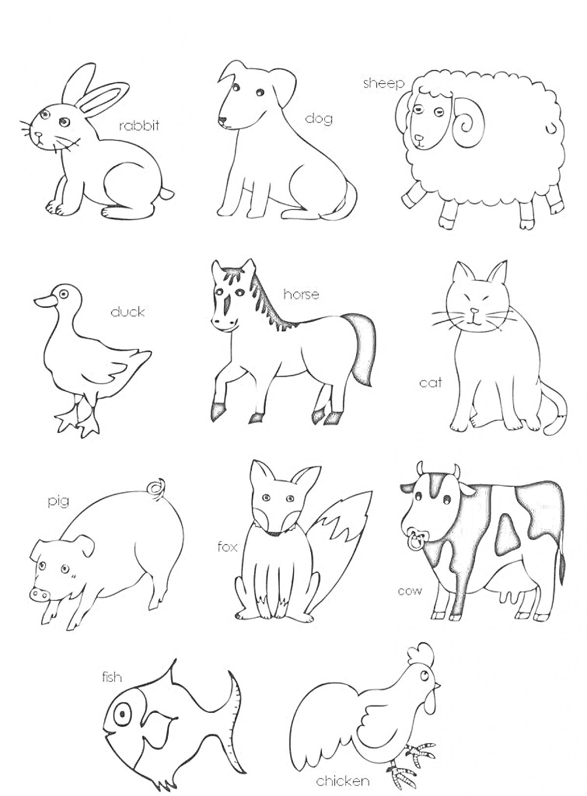 rabbit, dog, sheep, duck, horse, cat, pig, fox, cow, fish, chicken