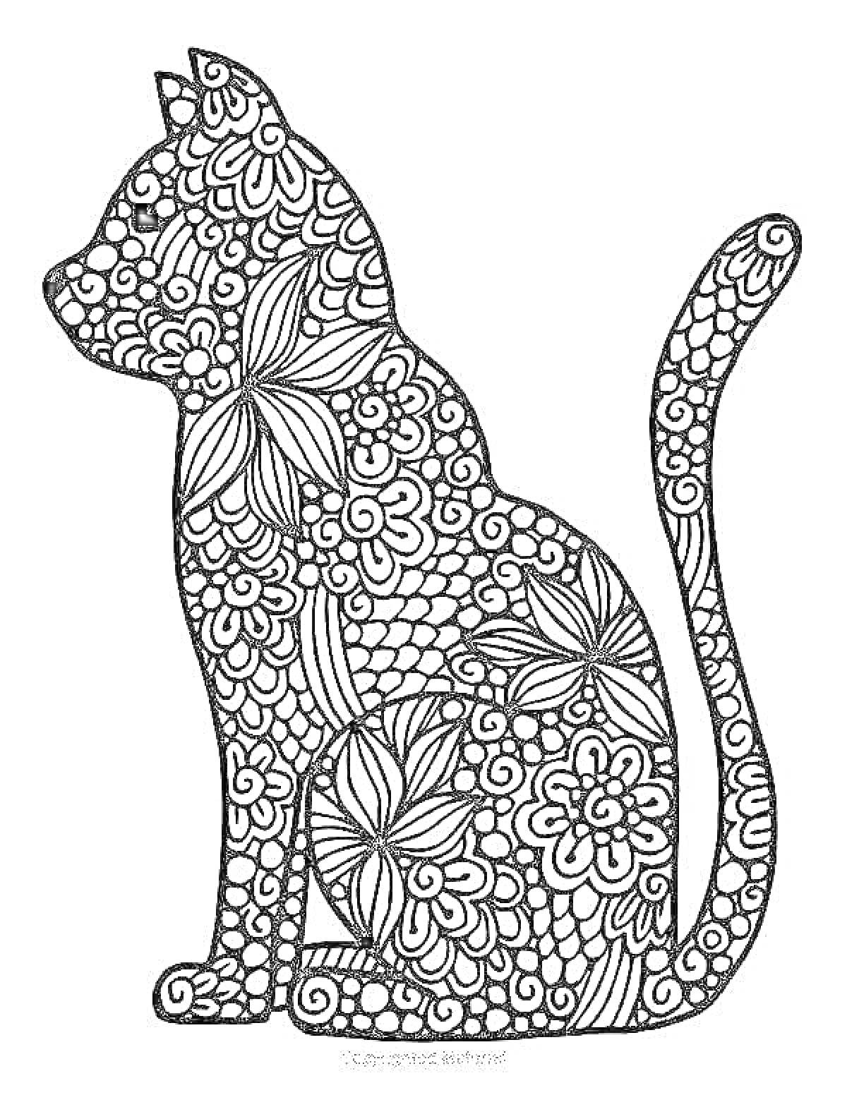 Раскраска Силуэт кошки, украшенный цветочными и геометрическими узорами