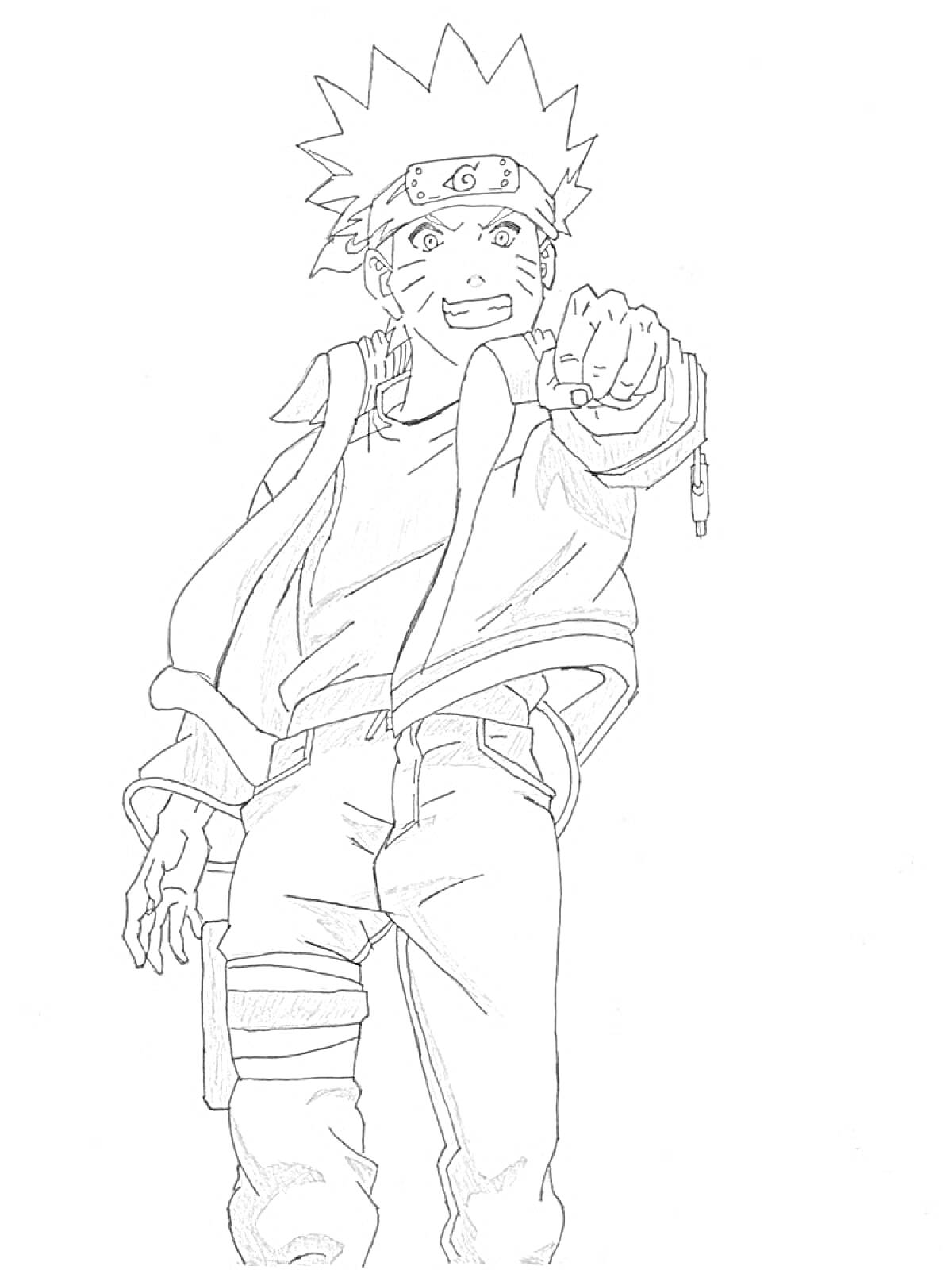 Раскраска Наруто в полный рост с поднятой рукой и кулаком, защитная повязка на лбу, карманная сумка на бедре