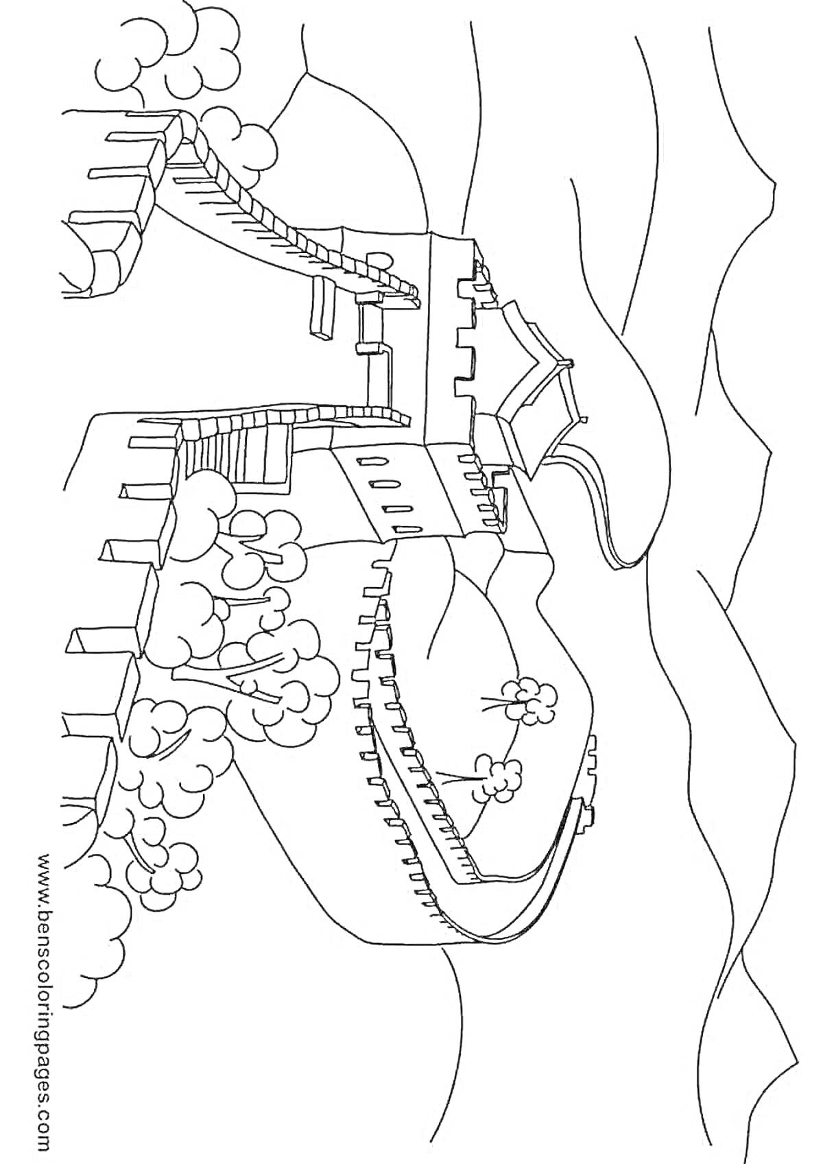 Раскраска Великая китайская стена с башнями, деревьями и горами на фоне