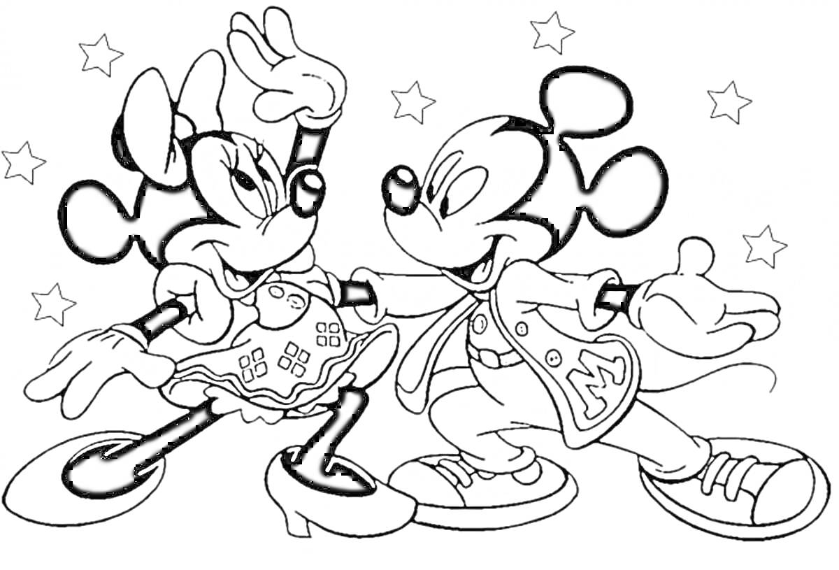 Раскраска Микки Маус и Минни Маус в танце под звездами