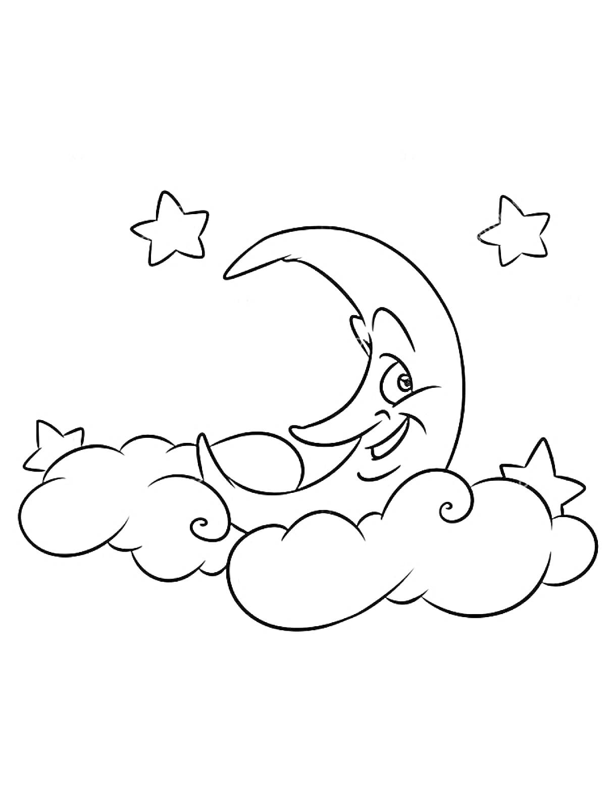 На раскраске изображено: Месяц, Облака, Звезды, Улыбка, Ночь, Небо
