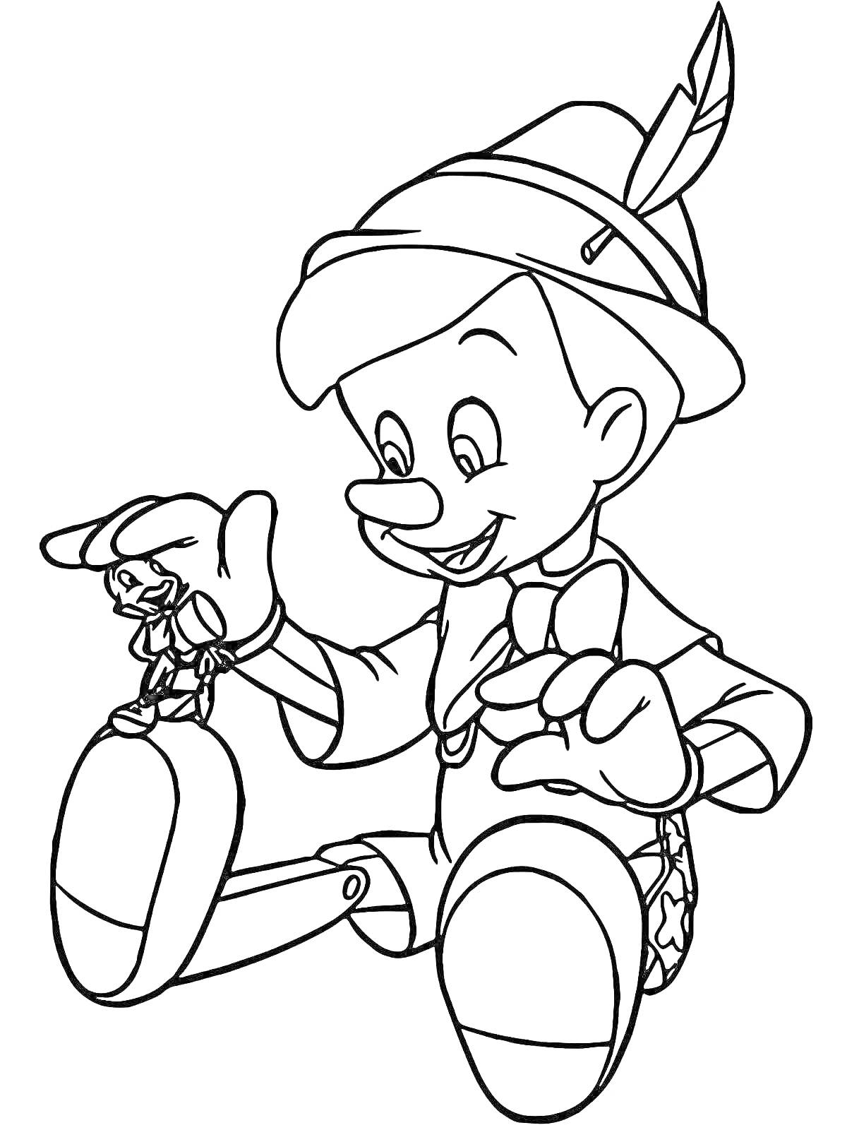 На раскраске изображено: Пиноккио, Мальвина, Кукла, Шляпа, Бабочка