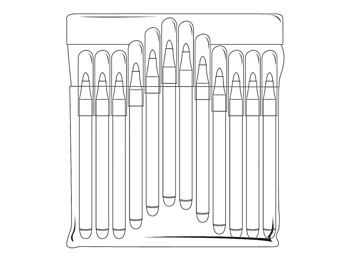 На раскраске изображено: Фломастеры, Упаковка, Канцтовары, Творчество, Школьные принадлежности, Карандаши, Пластик