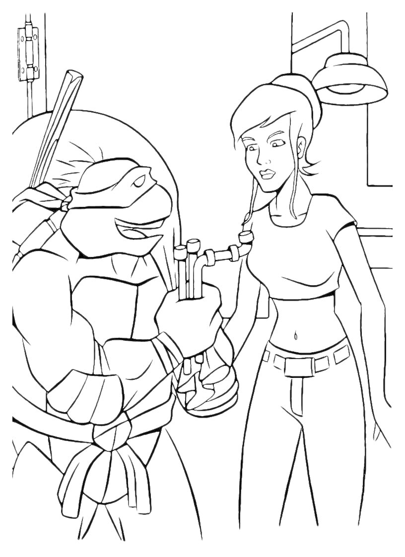 Раскраска Донателло с трубками и девушка в лаборатории с лампой