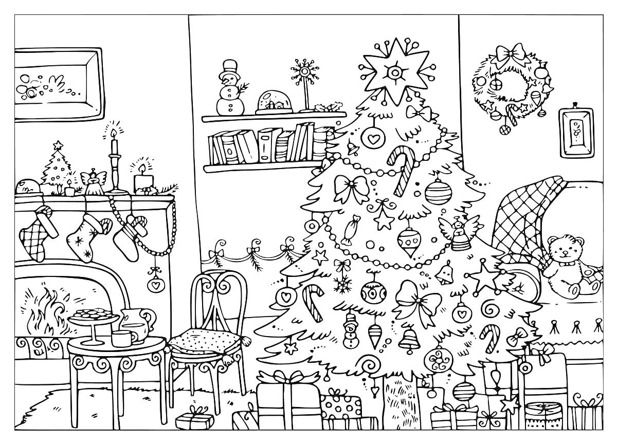 Раскраска Новогодняя гостиная с елкой, камином, подарками, елочными игрушками и праздничным декором