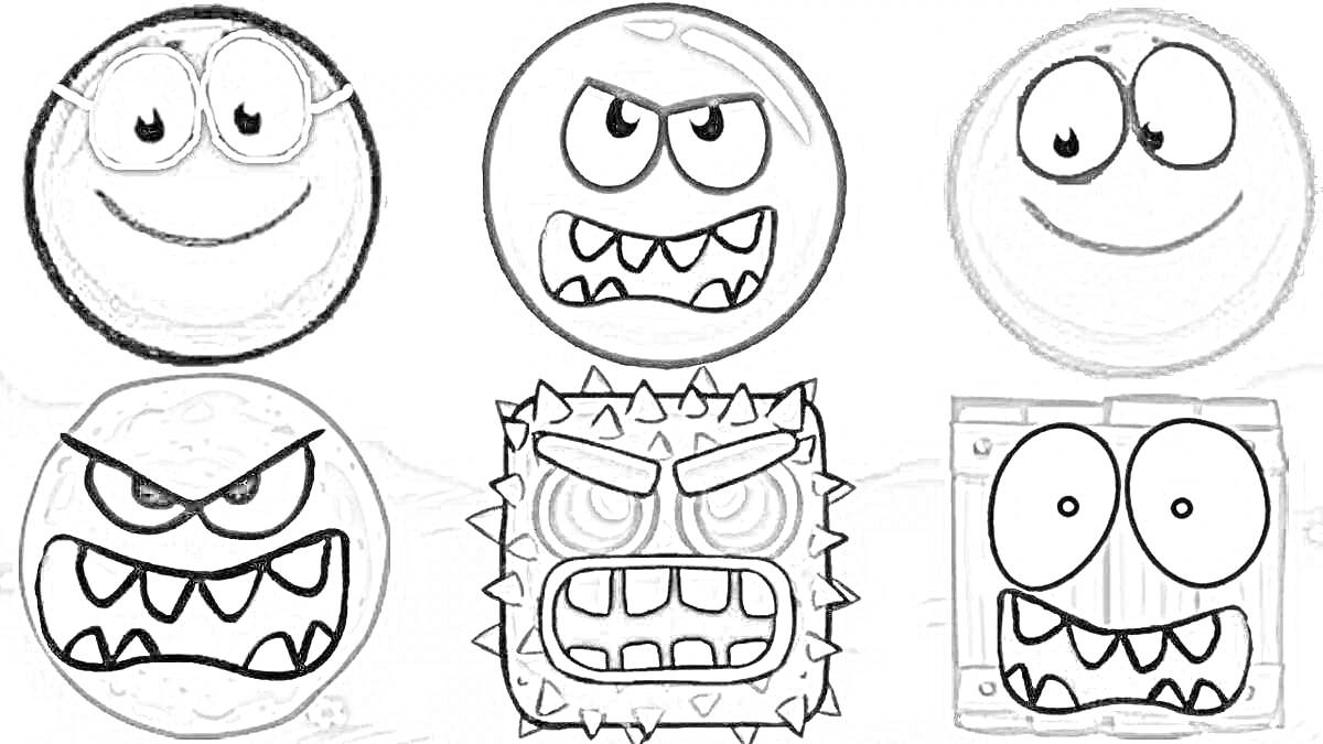Раскраска Персонажи из игры с красным шариком на сером фоне, включая шары с разными выражениями лиц и блок с шипами.