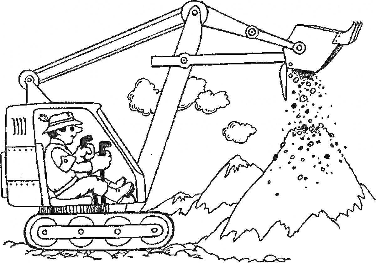 На раскраске изображено: Экскаватор, Водитель, Полезные ископаемые, Облака, Раскопки, Строительство, Горные работы, Техника, Земля