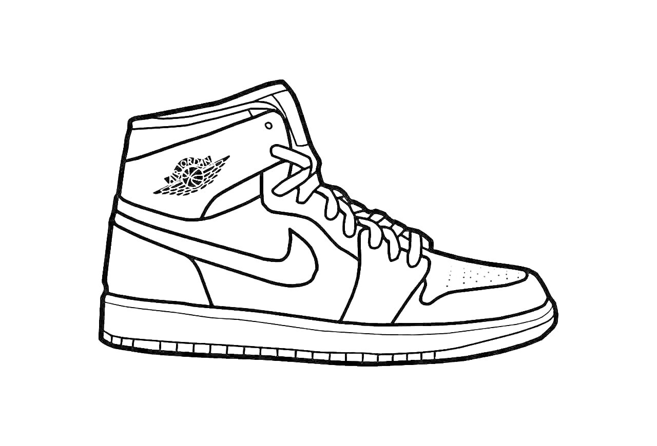 На раскраске изображено: Кроссовки, Jordan, Nike, Обувь, Спортивная обувь, Шнурки