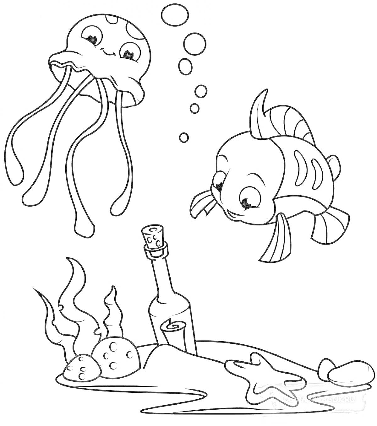 Раскраска Медуза, рыбка, бутылка с посланием, водоросли, ракушки, песок и звезда на морском дне