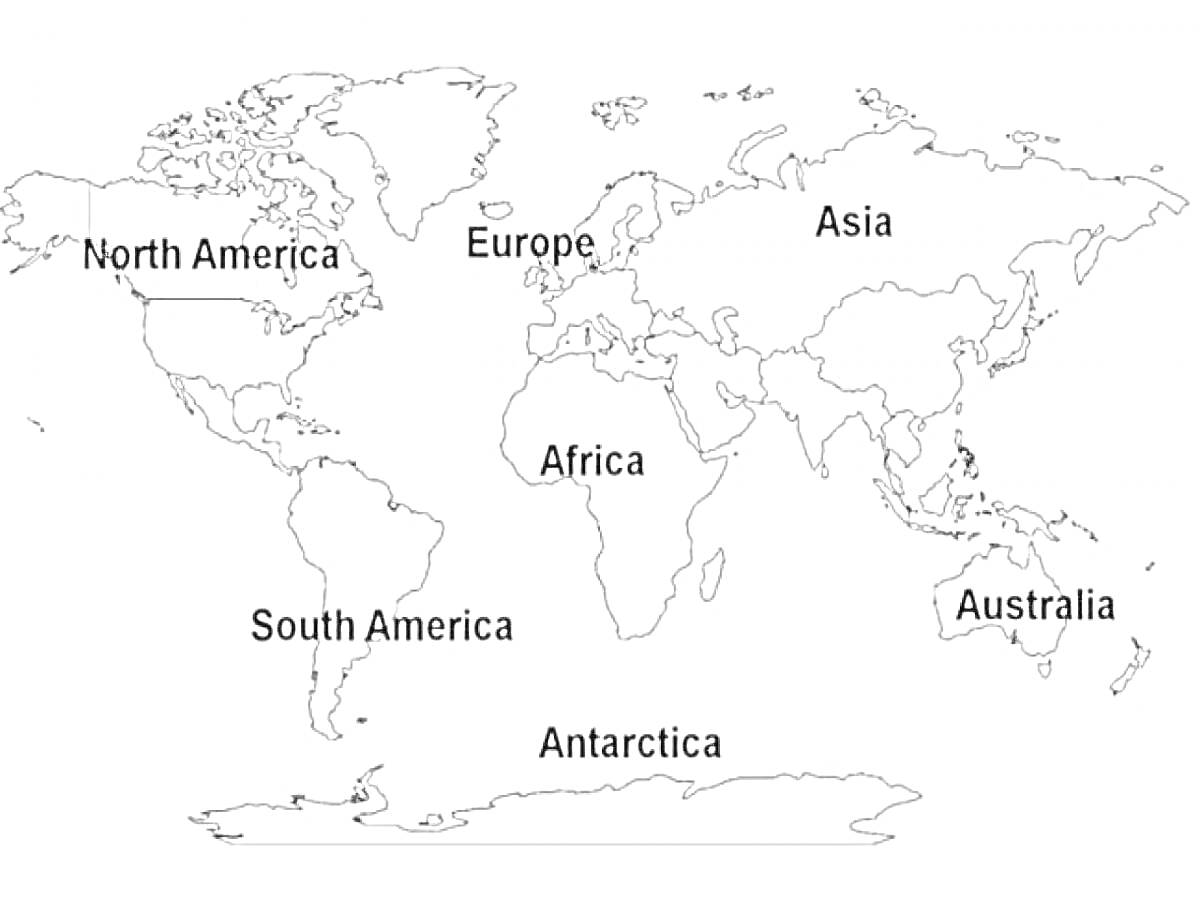 На раскраске изображено: Континенты, Карта мира, Северная Америка, Южная Америка, Европа, Африка, Азия, Австралия, Антарктида, География
