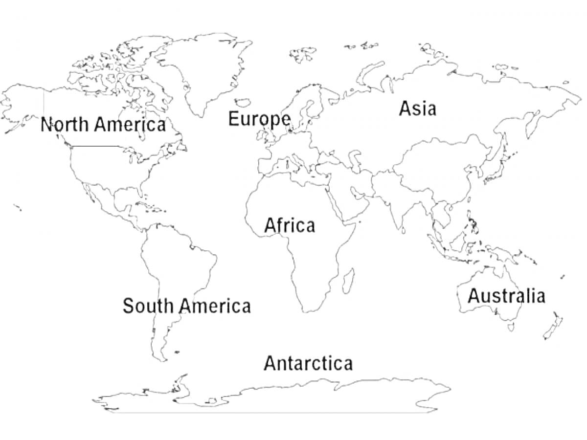 Раскраска Континенты: Северная Америка, Южная Америка, Европа, Африка, Азия, Австралия, Антарктида