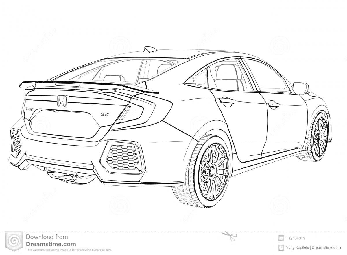 Раскраска Хонда Цивик 10-го поколения в детализированном виде с задним и боковым видом, включая бампер, задние фары, колеса и спойлер