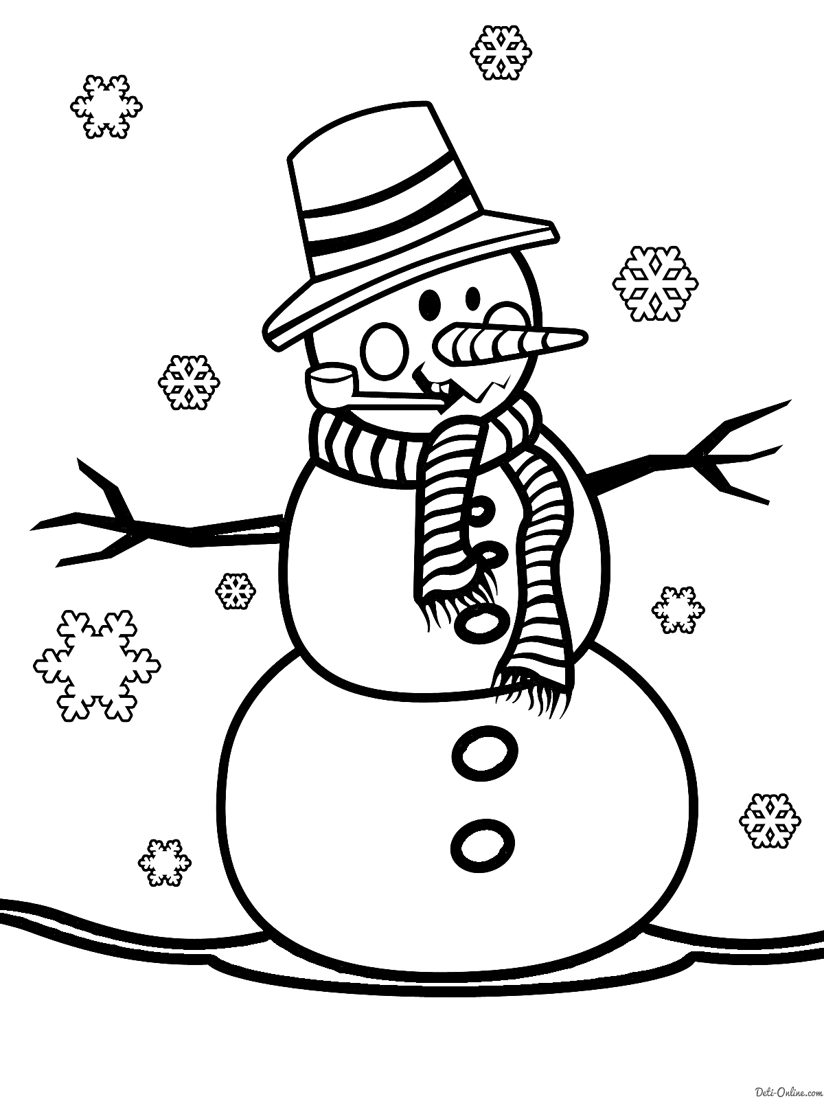 Раскраска Снеговик с полосатым шарфом и шляпой, окружённый снежинками
