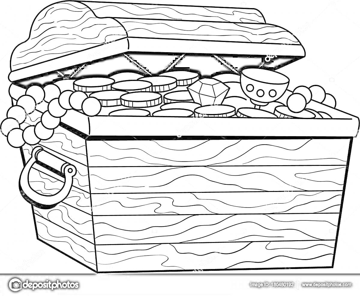Раскраска сундук, монеты, драгоценные камни и чаша, сундук с сокровищами