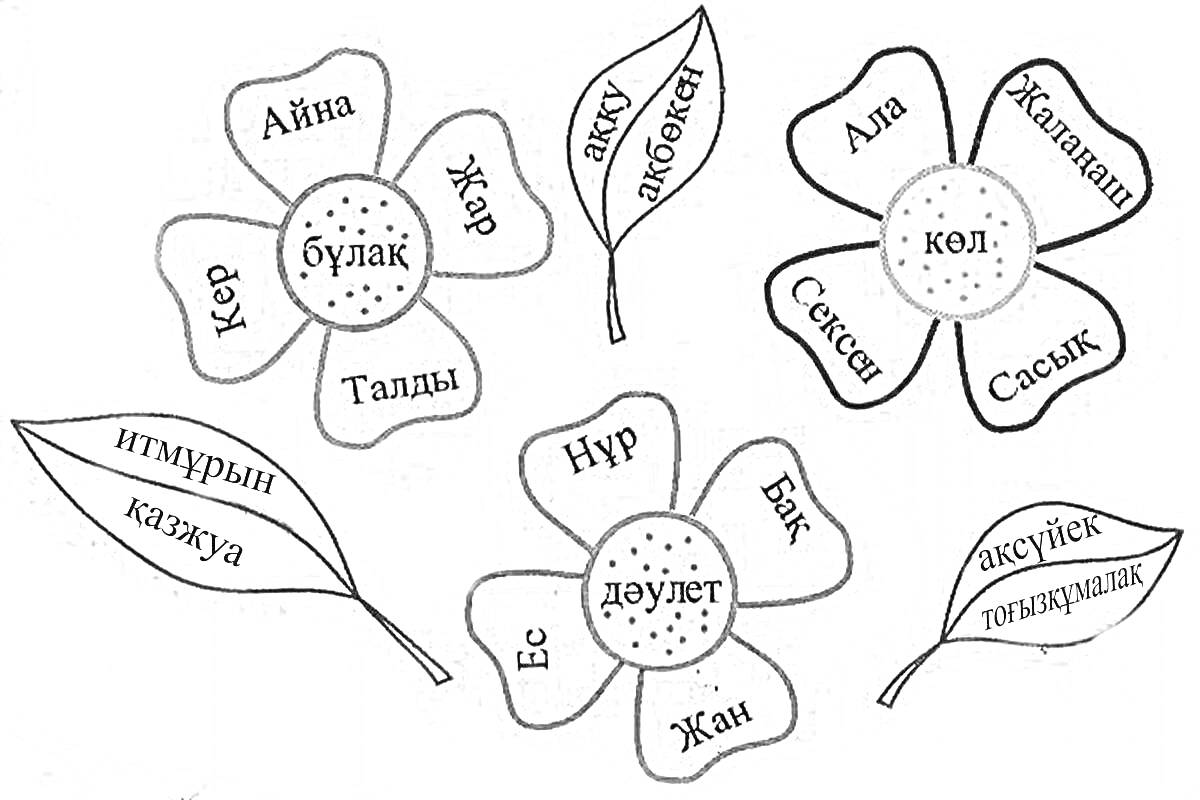Раскраска Цветы с казахскими словами на лепестках и листья с казахскими словами