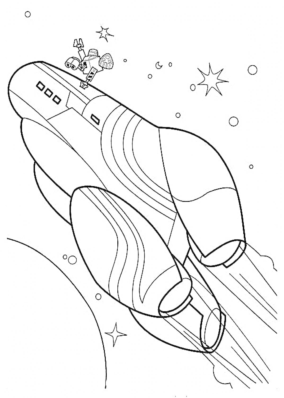 Раскраска Космический корабль и астронавт в открытом космосе