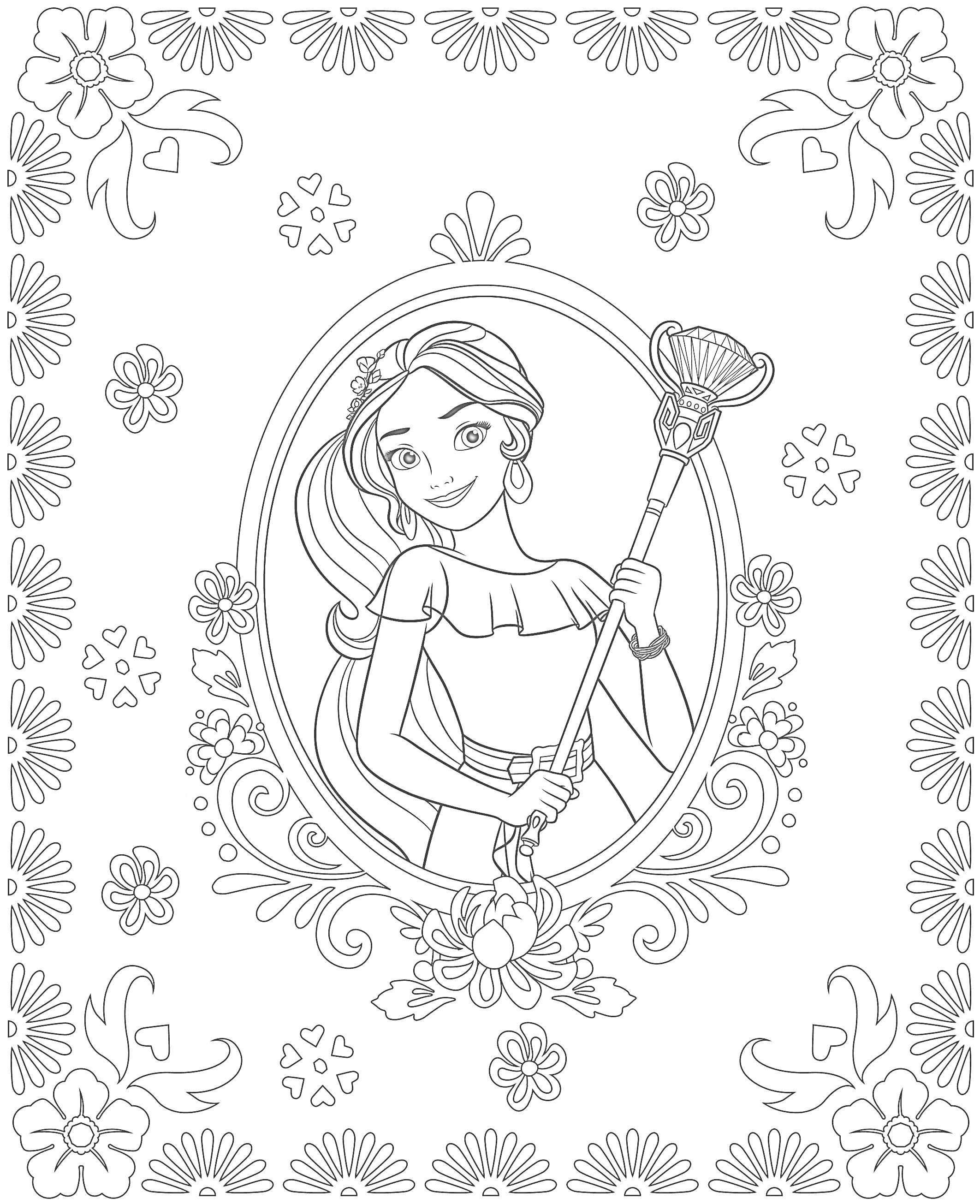 На раскраске изображено: Принцесса, Скипетр, Цветочная рамка, Цветы, Узоры