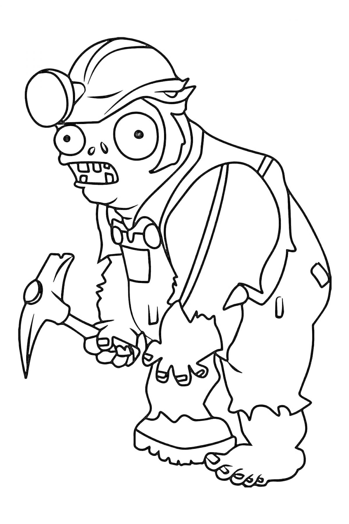 Раскраска Зомби-шахтер с киркой в руках