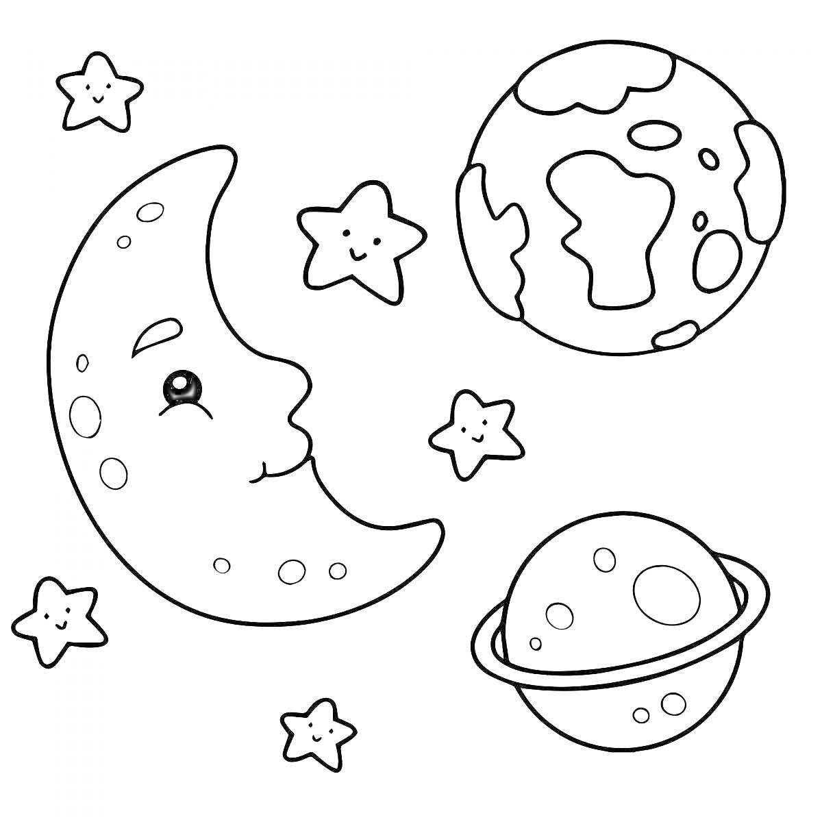На раскраске изображено: Луна, Земля, Космос