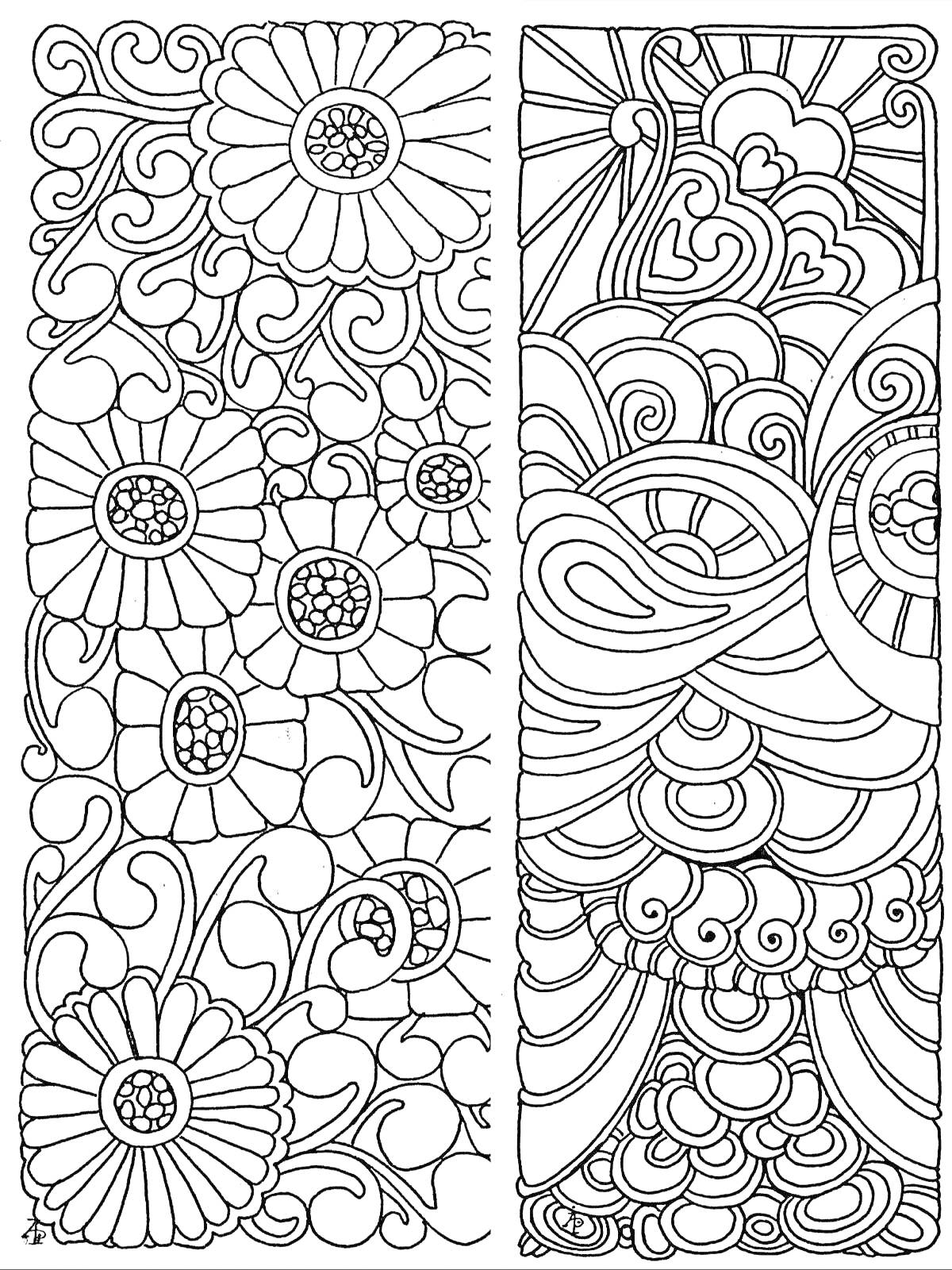 Раскраска Закладка антистресс с цветами, завитками и абстрактными узорами