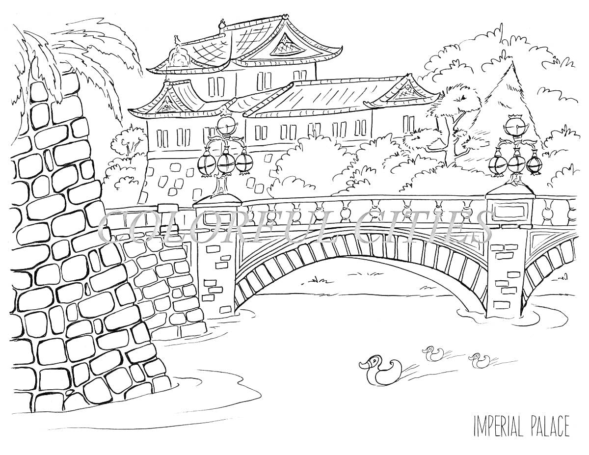 На раскраске изображено: Токио, Мост, Вода, Архитектура, Природа, Япония, Традиционный стиль