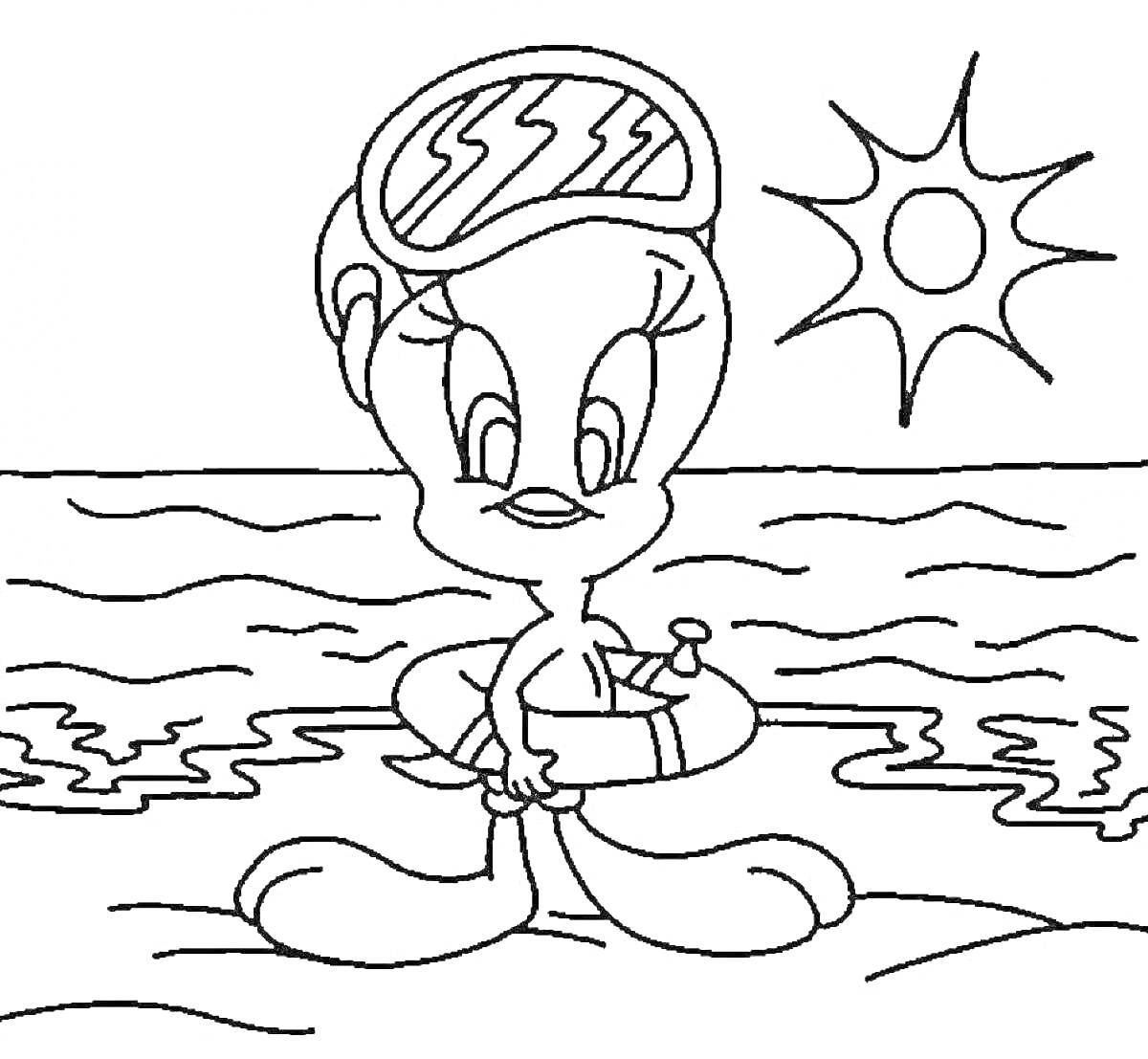 Раскраска Пляжный персонаж с маской для плавания и спасательным кругом на фоне моря и солнца