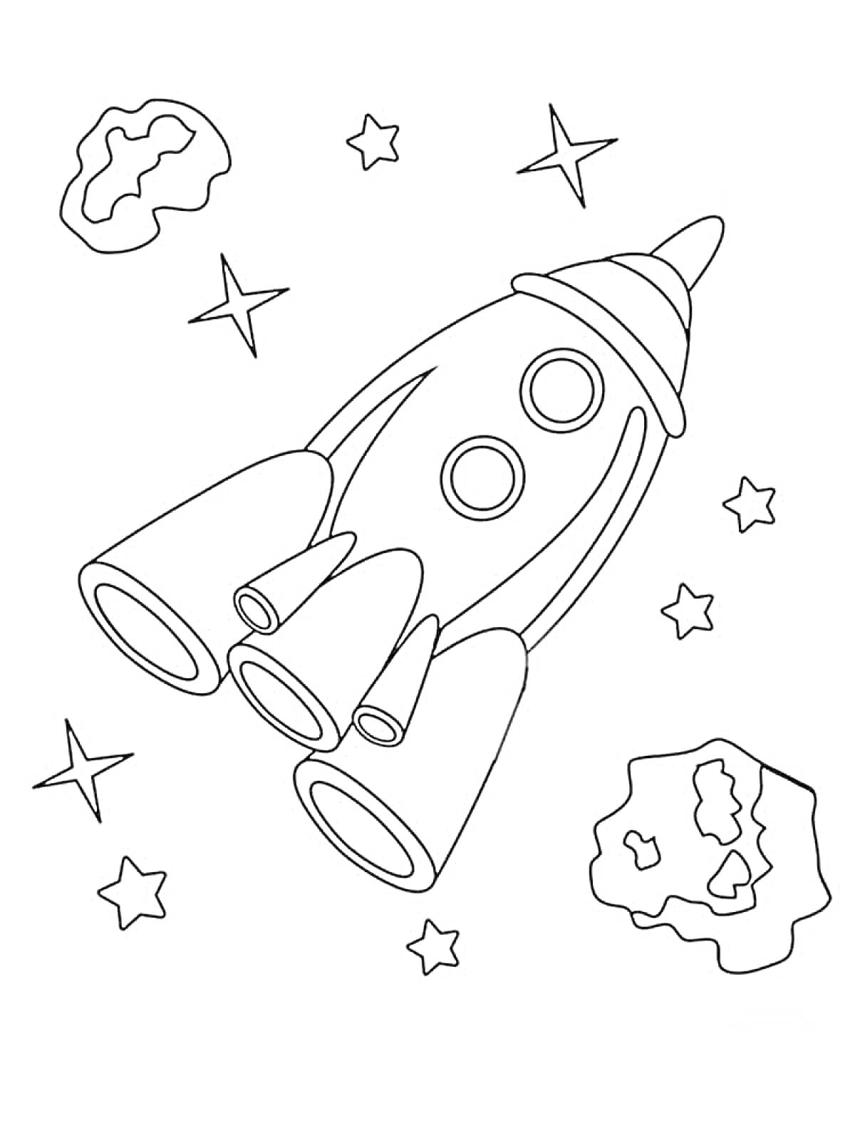 На раскраске изображено: Космос, Космический корабль, Ракета, Звезды, Астероиды, День космонавтики, 12 апреля, Для детей