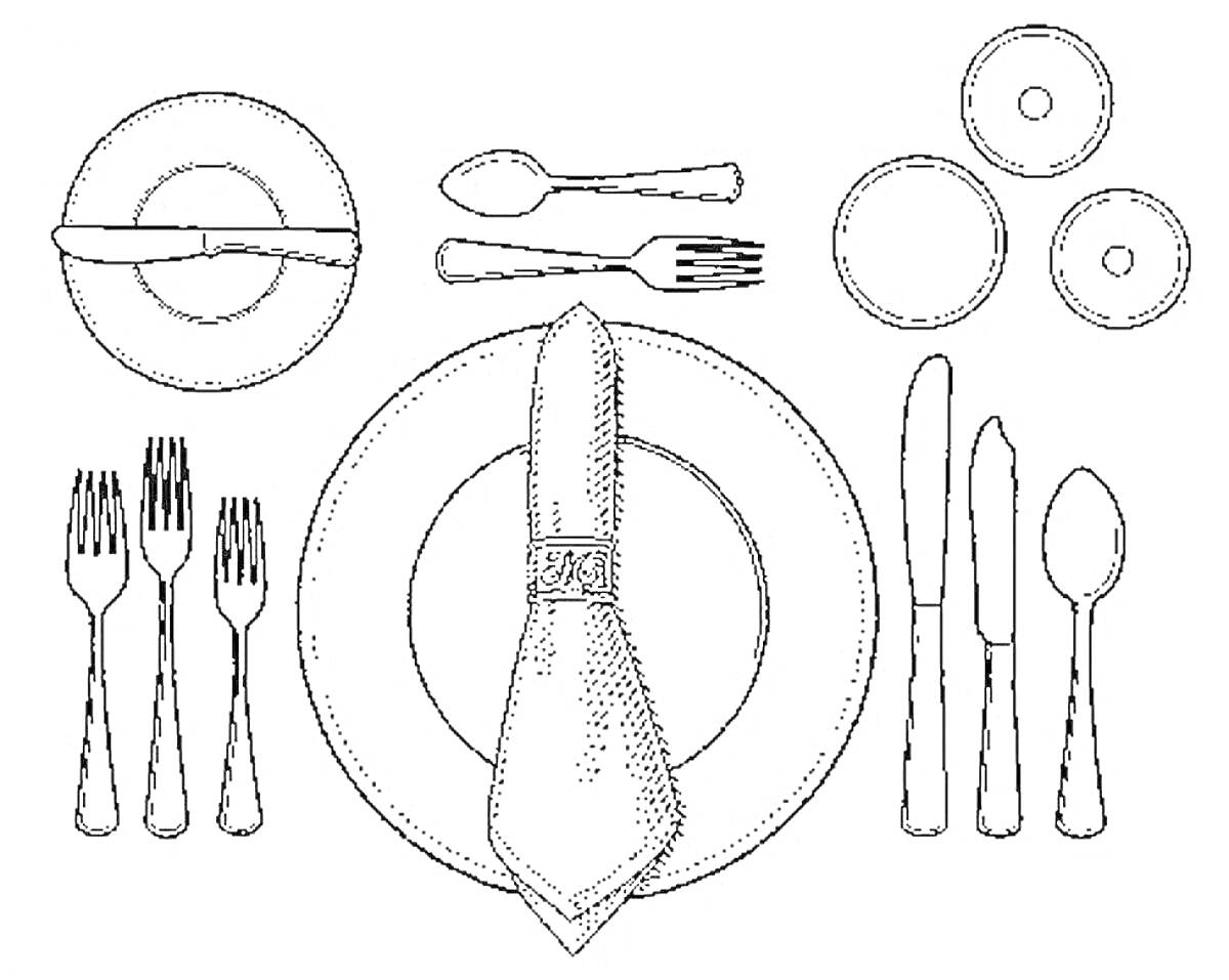 Раскраска столовый набор с тремя вилками, тремя ножами, одной столовой ложкой, одной десертной ложкой, одной десертной вилкой, двумя тарелками, одной салфеткой с кольцом, и тремя подставками для бокалов.