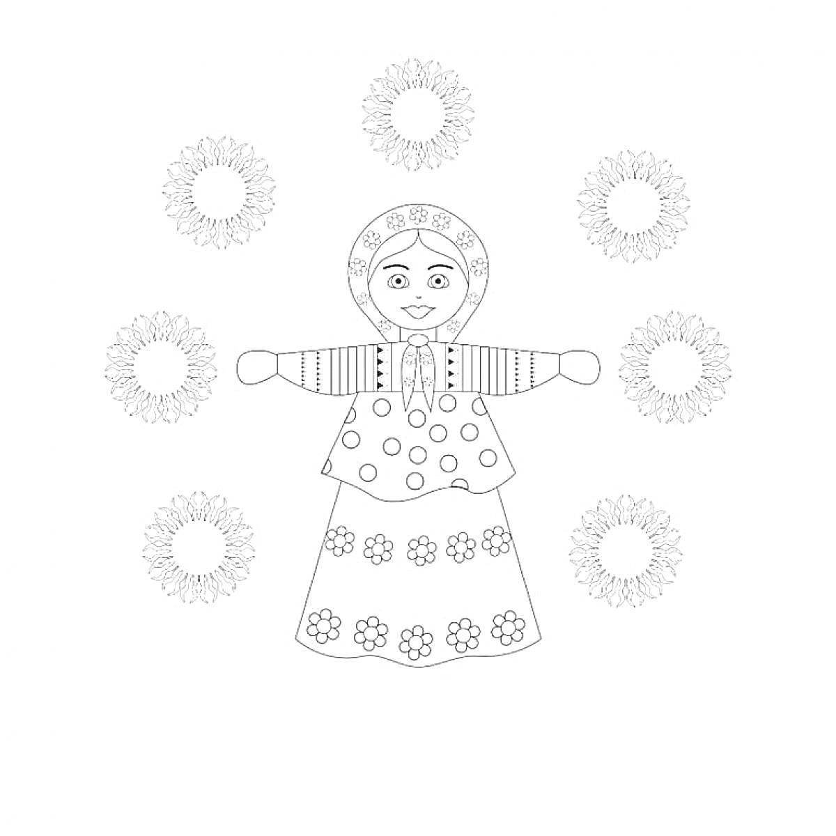 На раскраске изображено: Масленица, Кукла, Цветы, Традиции
