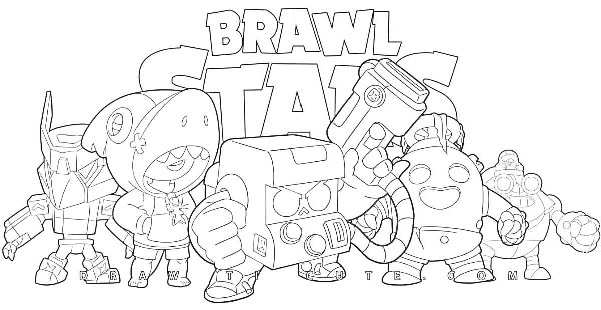 Раскраска персонажи из игры Brawl Stars на фоне логотипа Brawl Stars