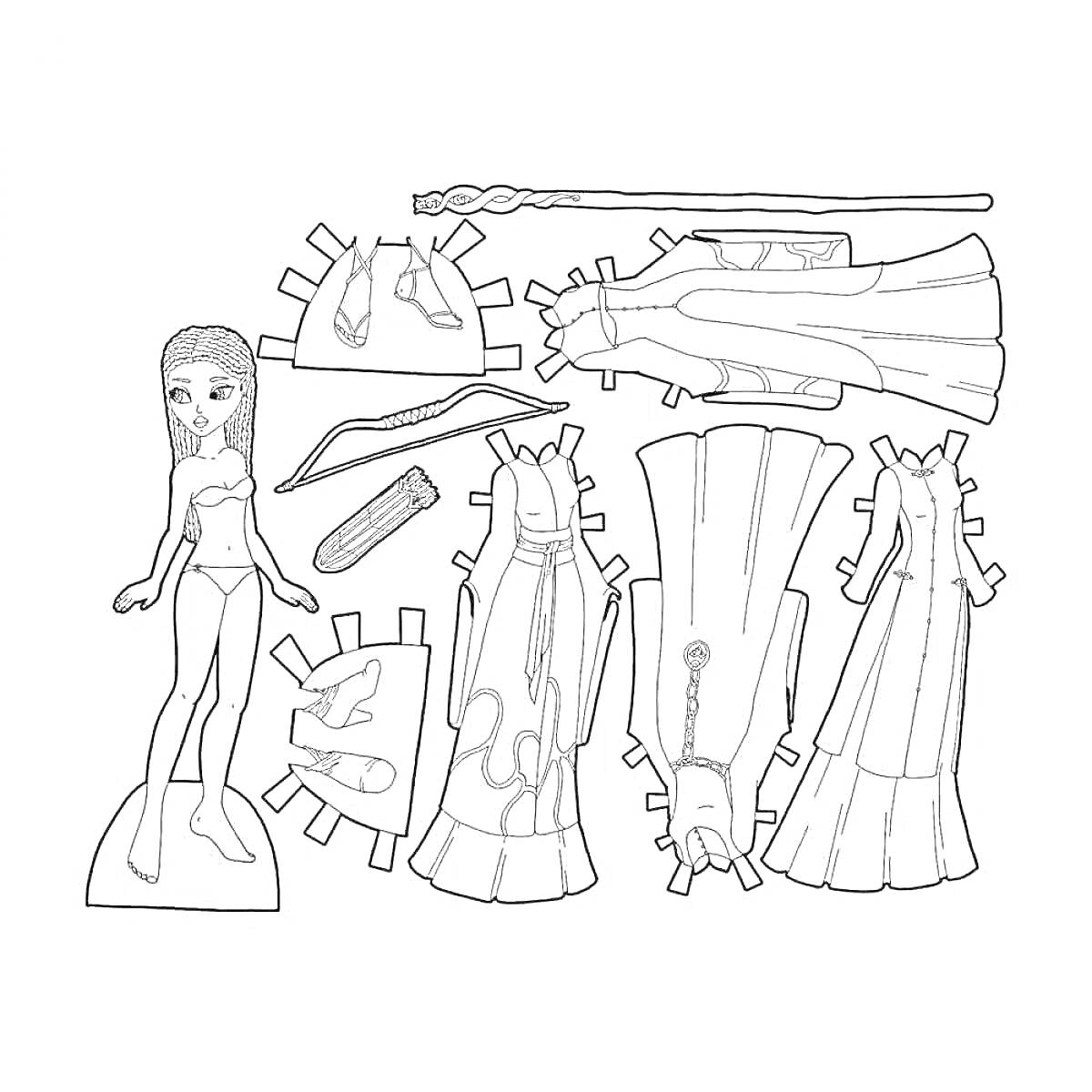 Раскраска Бумажная кукла с одеждой и аксессуарами (платья, обувь, причёски, сумочка)