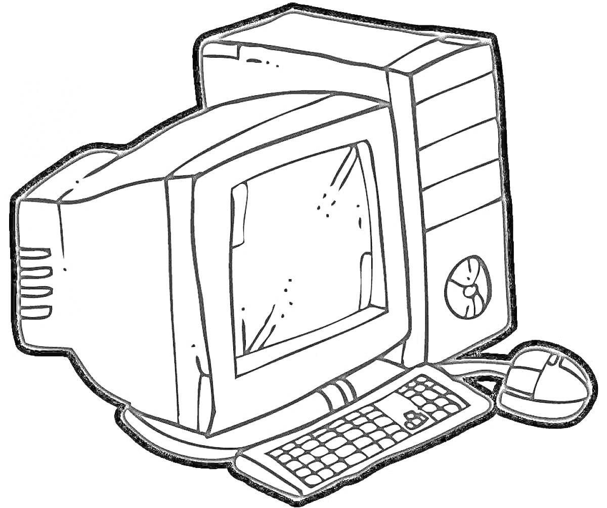 На раскраске изображено: Компьютер, Монитор, Системный блок, Клавиатура, Мышь, Электроника, Техника, Офис, Учеба