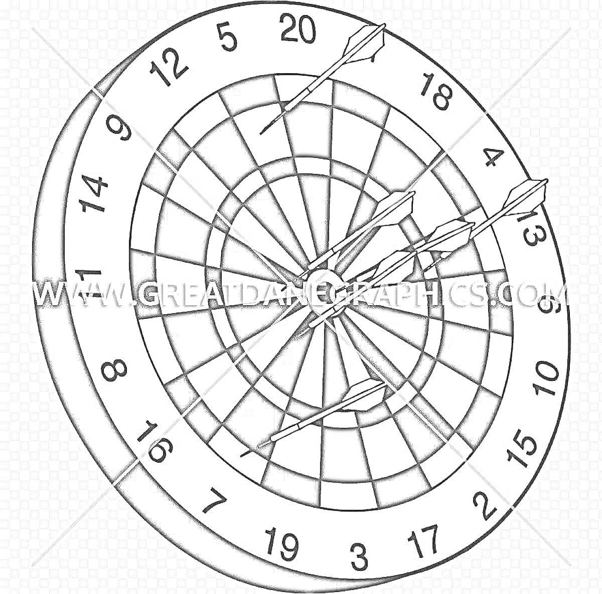 Раскраска Дартс доска с номерами и три дротика