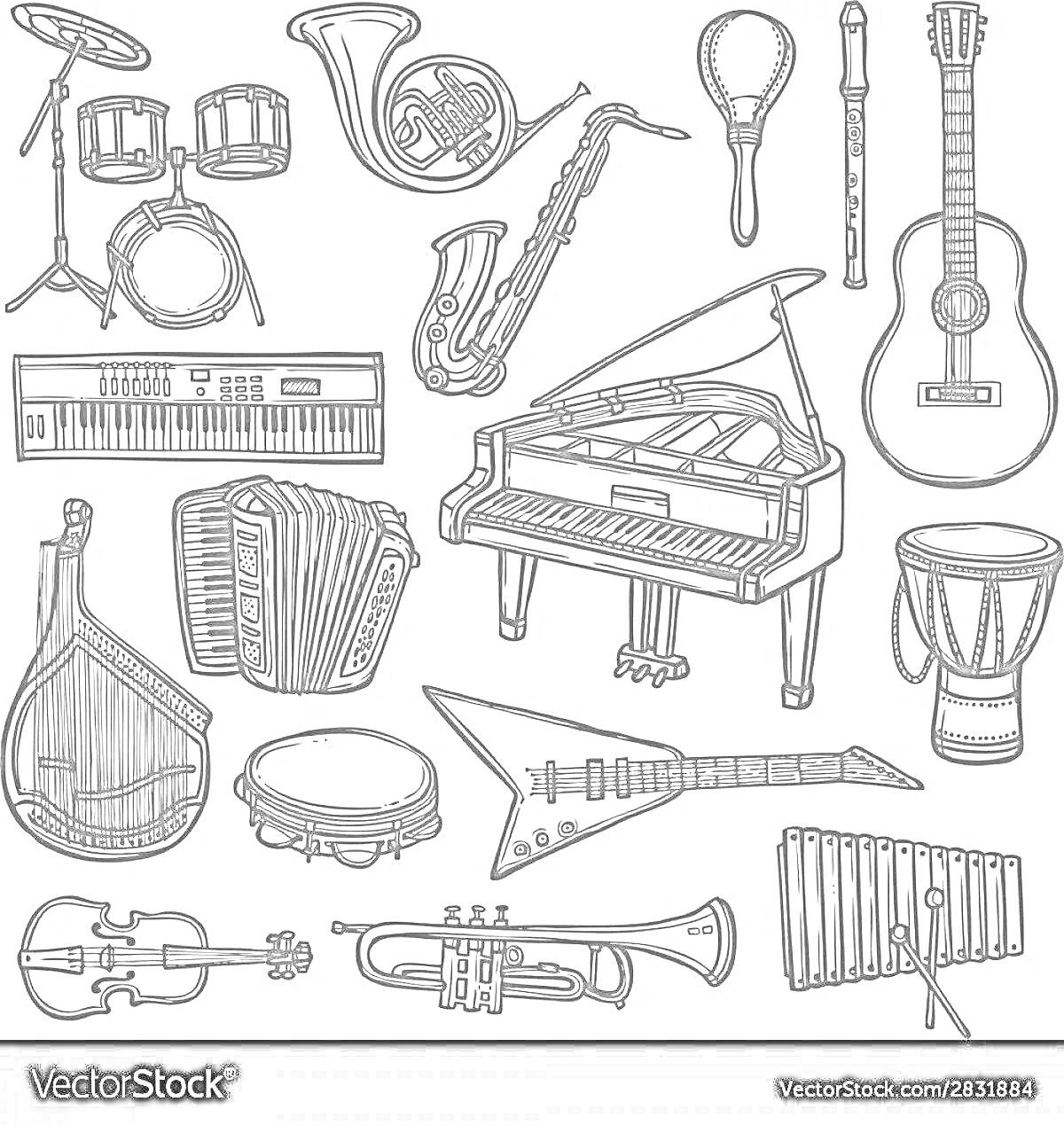 Набор музыкальных инструментов: фортепиано, барабаны, волынка, саксофон, маракас, гитара, аккордеон, треугольник, балалайка, арфа, ксилофон, скрипка, труба, барабан-джембе, клавишные, труба, великое фортепиано.