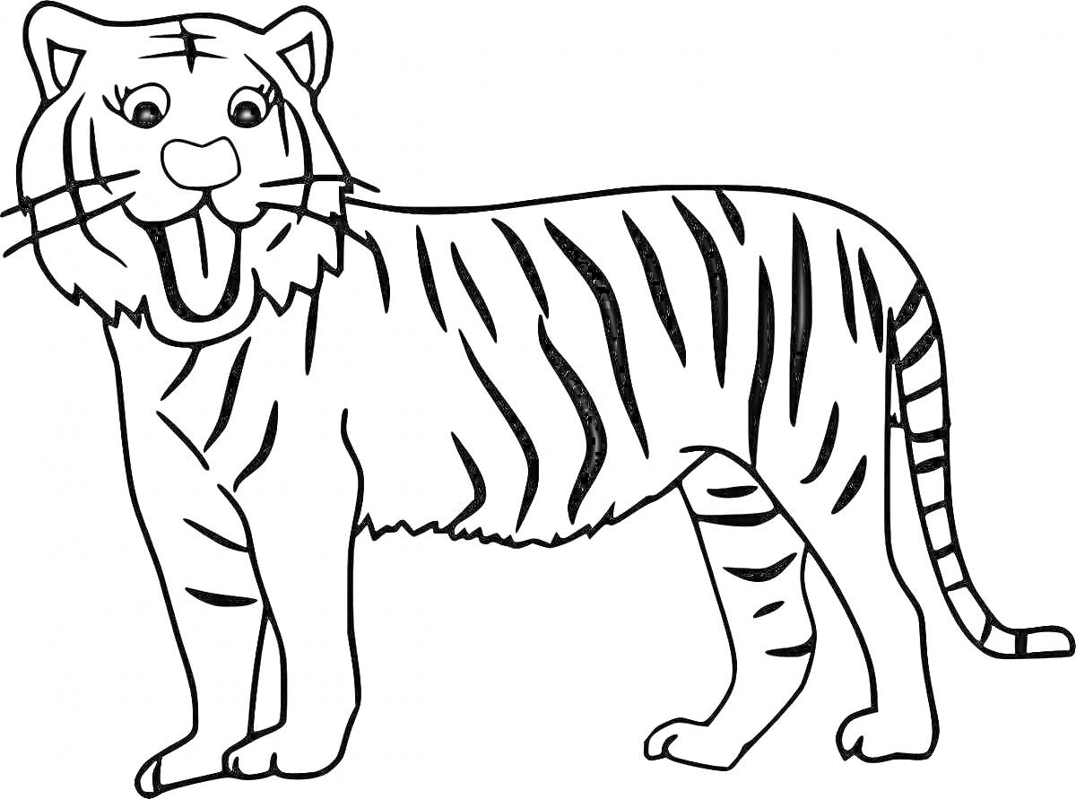 Раскраска Тигр с полосками и улыбающимся лицом