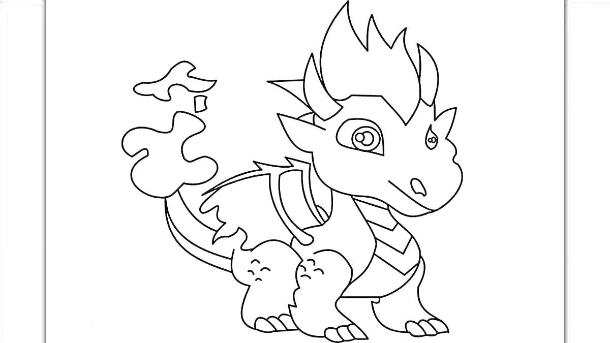 Раскраска Маленький дракон с огненным хвостом, острыми гребнями и крыльями