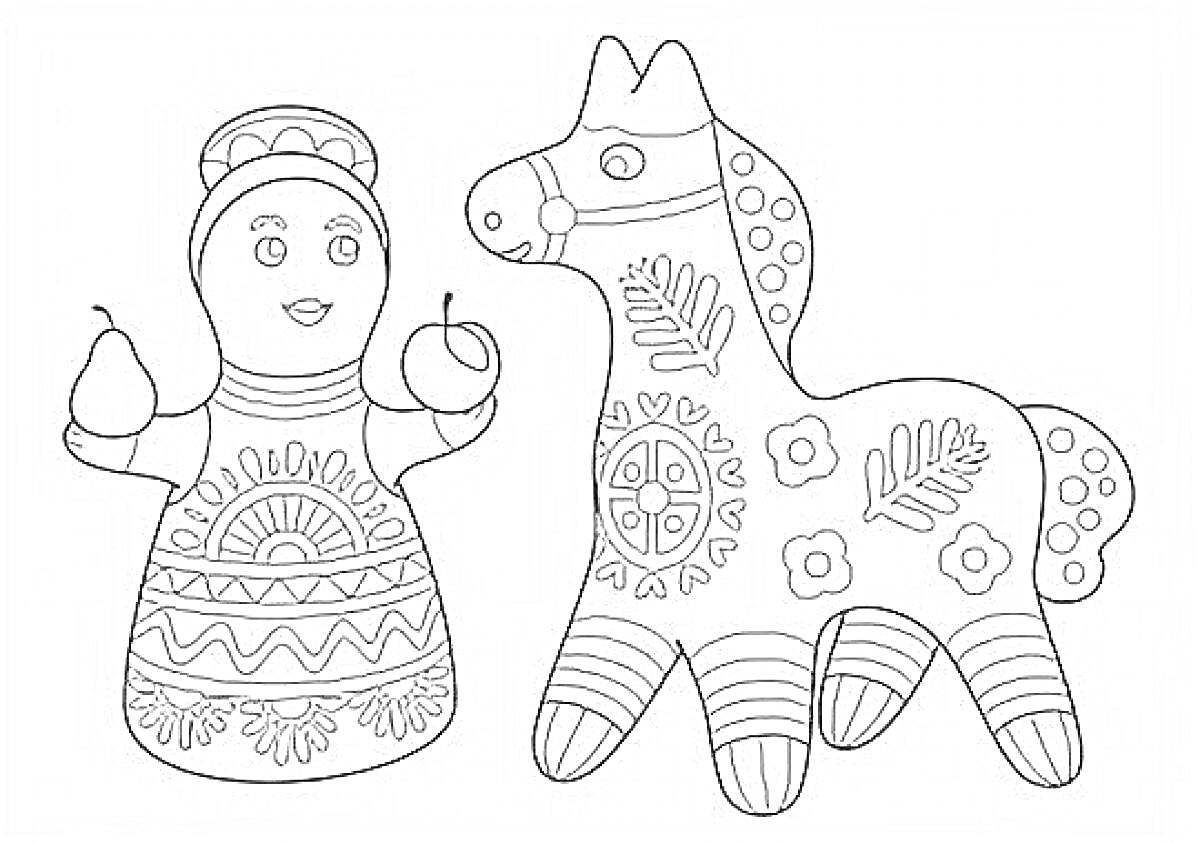 На раскраске изображено: Филимоновская игрушка, Женщина, Узоры, Фрукты, Традиционные игрушки, Народное искусство, Лошадь