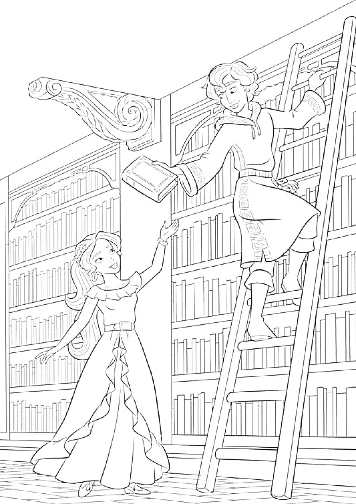 Раскраска Елена из Авалора в библиотеке: помощь на лестнице, передача книги