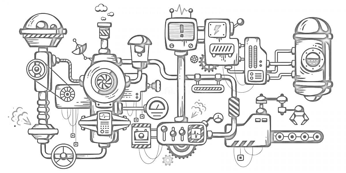Раскраска Механизм с шестернями, трубами, манометрами, индикаторами и рычагами